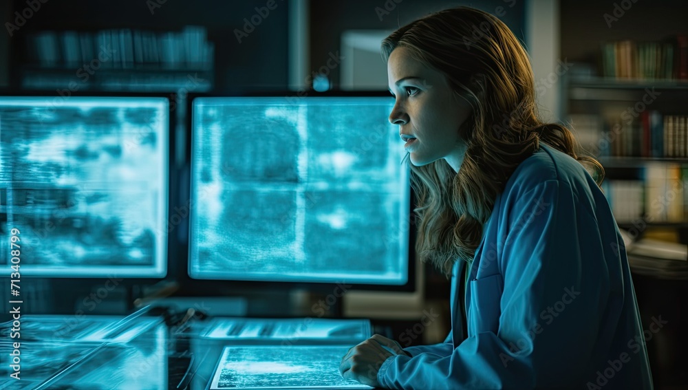 A focused woman intently studying the screen of her computer, her face reflecting the glow of the monitor as she types away in her indoor workspace