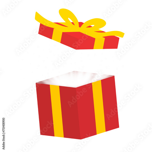 open red gift box with yellow ribbon bow and shining light illustration isolated on white and transparent background. present suprise sale vector. open lid 3d red gift box