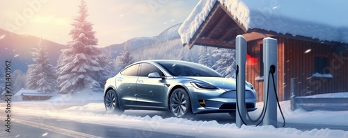 electric car is parked at a charging station in the snow photo