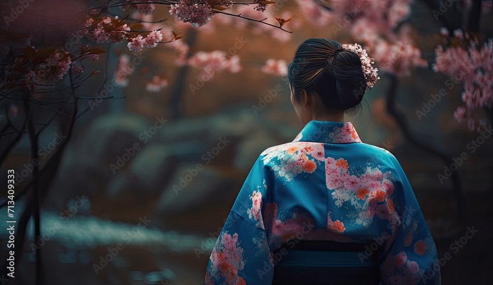 A serene woman stands among the trees, her blue kimono adorned with delicate pink flowers, embodying the beauty and grace of nature A serene woman stands among the trees, her blue kimono adorned with delicate pink flowers, embodying the beauty and grace of nature