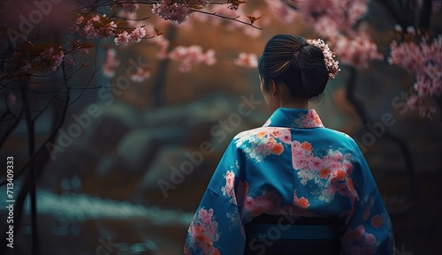 A serene woman stands among the trees, her blue kimono adorned with delicate pink flowers, embodying the beauty and grace of nature