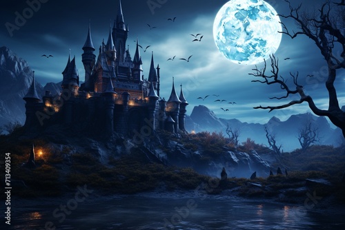 Halloween night moon castle background