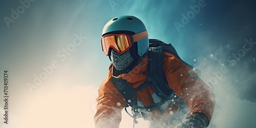 A daring man prepares for his outdoor adventure, donning a helmet and goggles for protection and style while showcasing his love for thrilling activities through his clothing photo