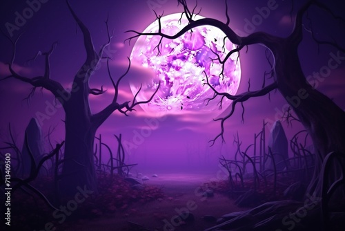Halloween sale background with a big moon in violet hues