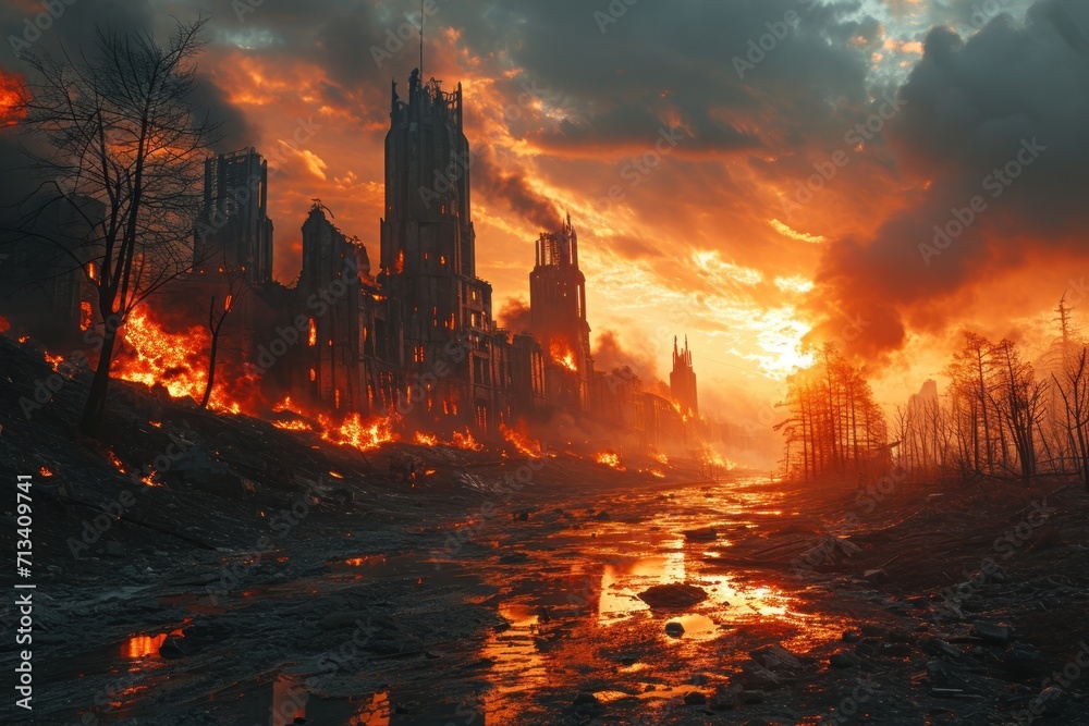 Naklejka premium View of burning modern city buildings after war