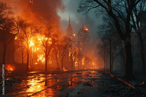 View of burning modern city buildings after war