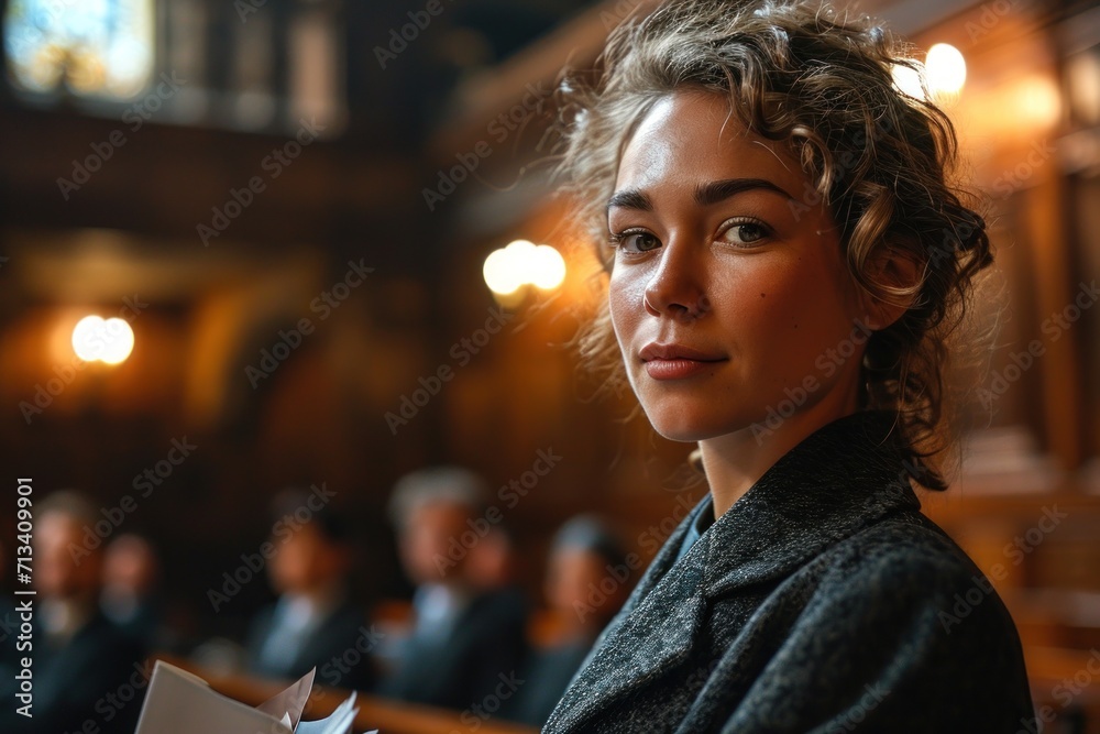 A cinematic portrayal of a woman in court - obrazy, fototapety, plakaty 