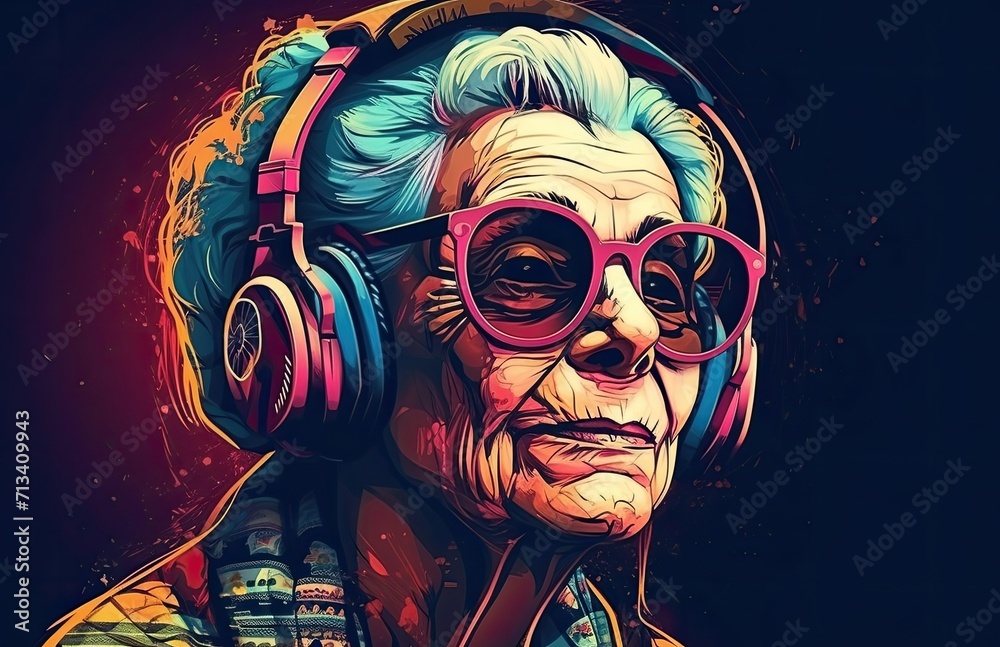 An elderly artist immersed in her craft, adorned with glasses and headphones, paints a cartoonish illustration of a human face in a lively and detailed sketch An elderly artist immersed in her craft, adorned with glasses and headphones, paints a cartoonish illustration of a human face in a lively and detailed sketch