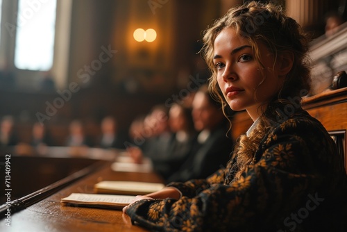 A cinematic portrayal of a woman in court