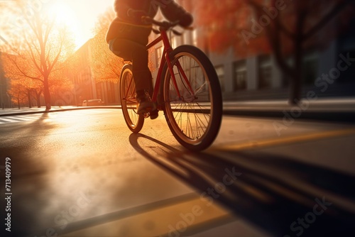A lone cyclist pedals through the bustling city streets, their trusty bicycle wheel glinting in the warm sunset light, a symbol of freedom and movement in the urban landscape