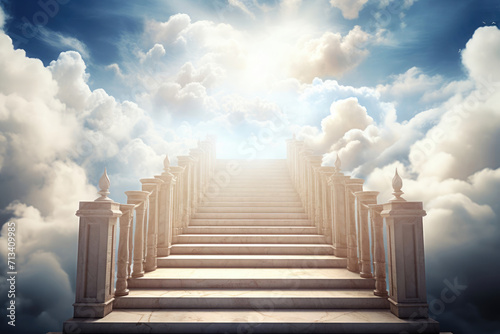 Stairway to heaven through white clouds in blue sky background. photo