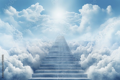 Stairway to heaven through white clouds in blue sky background.