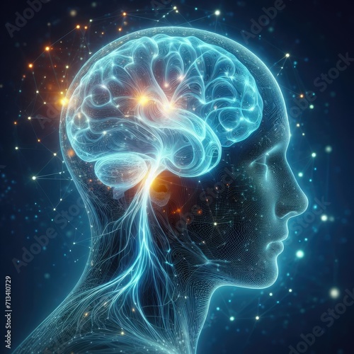 Human brain showing Intelligent thinking processing through the concept of a neural network printed circuit of big data and artificial intelligence,