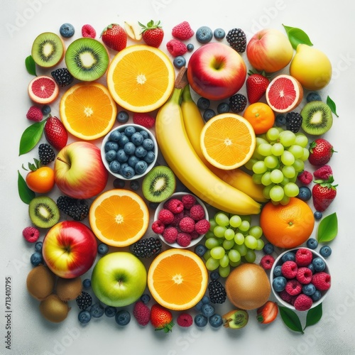Assorted fresh ripe fruits and vegetables. Food concept background. View from above.