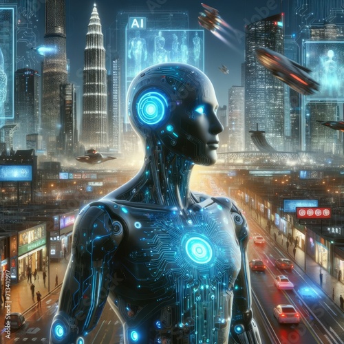 A world of the future with cutting-edge technological imagery featuring futuristic architecture, robots, smart cities and sustainable innovation