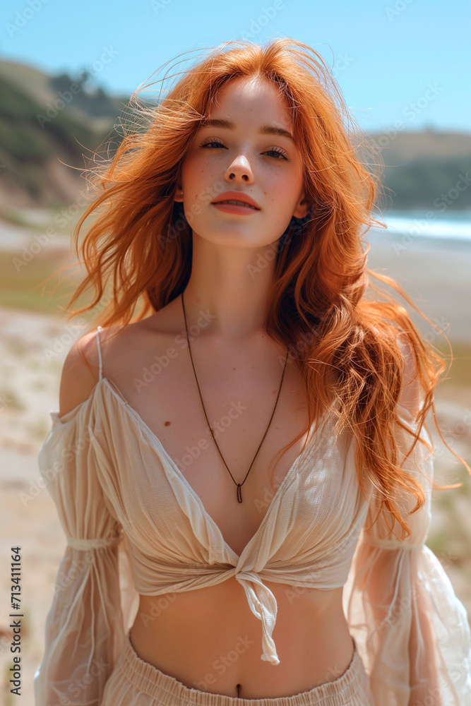 Confident redhead in beachwear posing on a sandy beach with a clear sky Confident redhead in beachwear posing on a sandy beach with a clear sky