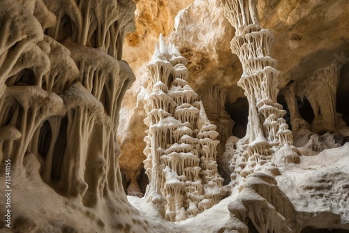 Limestone formations resembling pasta formations found in caves. Generative AI