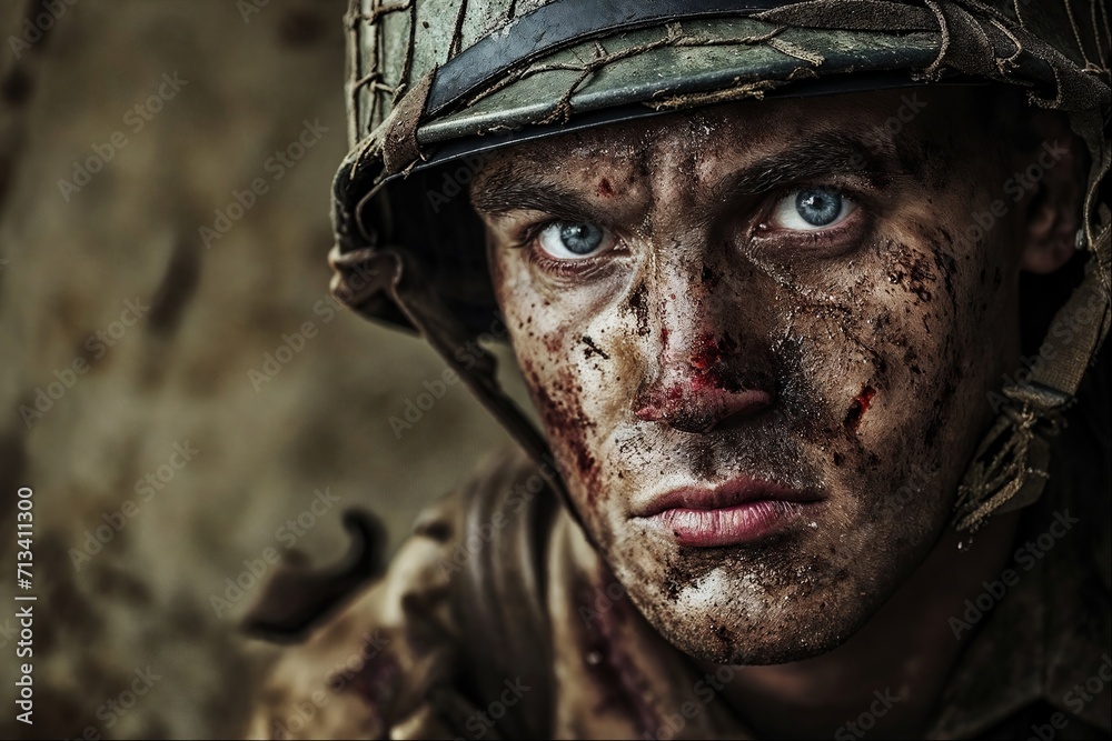 Soldier with fear of death on the battlefield, close up