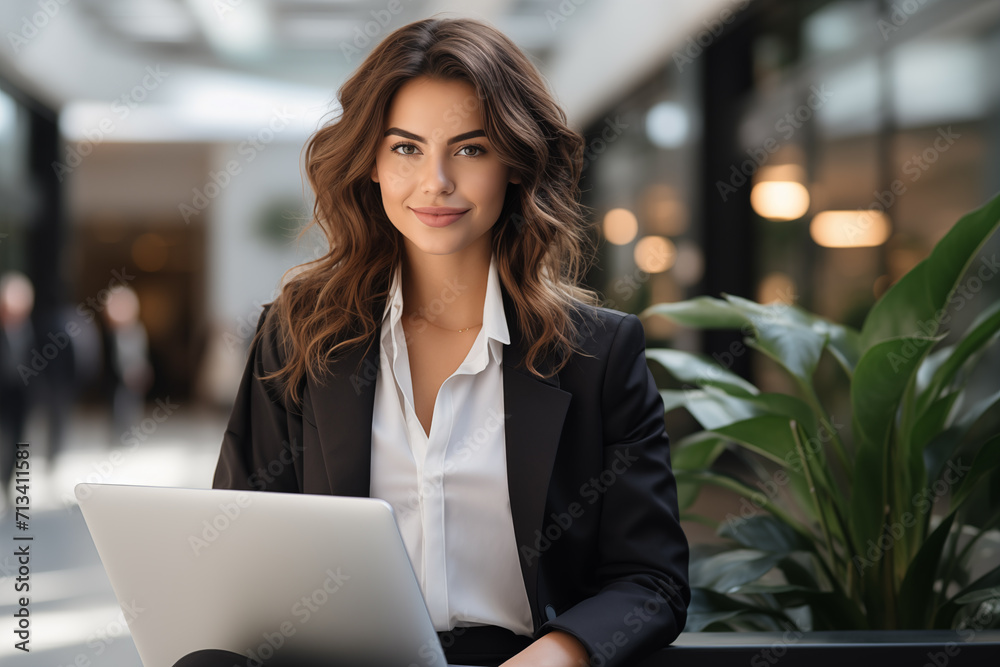 mujer de negocios delante de gran edificio de negocios ,cara con gesto contenido,sonriendo y disfrutando de la tranquilidad con su ordenador portátil en sus brazos.