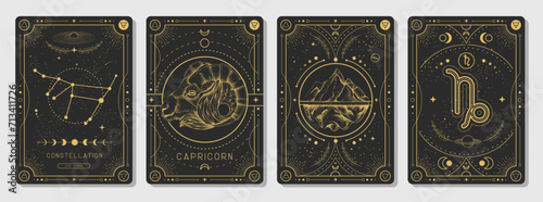 Set of Modern magic witchcraft cards with astrology Capricorn zodiac sign characteristic. Vector illustration photo
