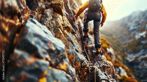 Climber ascending steep rock face, intense concentration, safety gear, natural background.