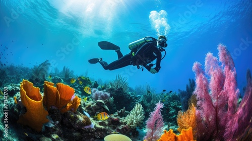 Fototapeta Naklejka Na Ścianę i Meble -  Diver exploring colorful coral reef with fish underwater, explores the marine world.
