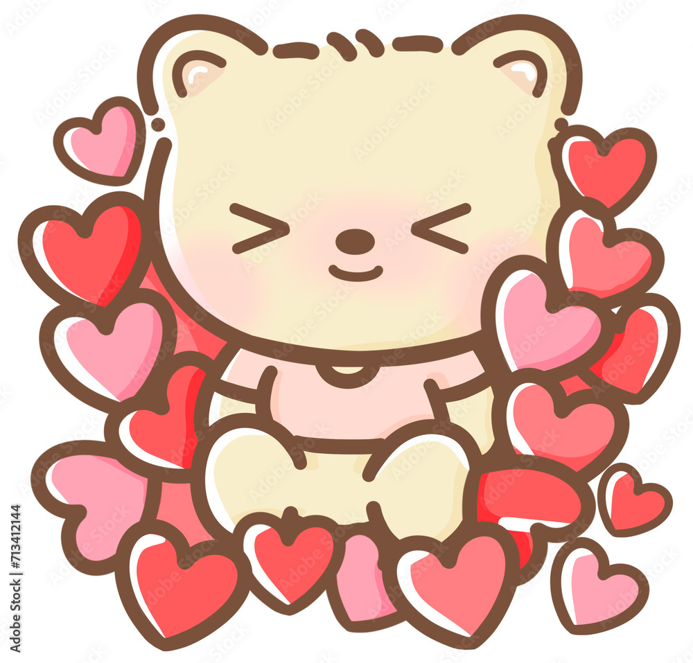 Hand drawn doodle cartoon style illustration of cute kawaii yellow bear for Valentines day with the heart and love theme red for greeting cards with lots of hearts Hand drawn doodle cartoon style illustration of cute kawaii yellow bear for Valentines day with the heart and love theme red for greeting cards with lots of hearts