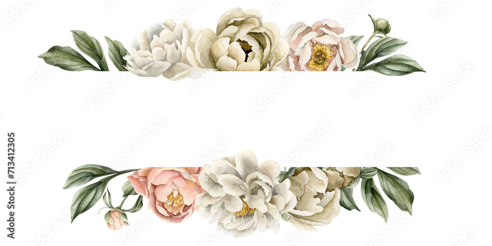 Horizontal frame of white beige peach peony flowers and leaves. Watercolor illustration hand painted isolated on white - obrazy, fototapety, plakaty 