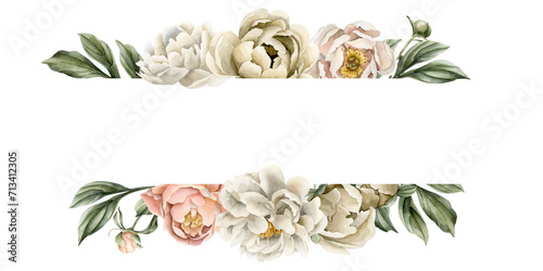 Horizontal frame of white beige peach peony flowers and leaves. Watercolor illustration hand painted isolated on white photo