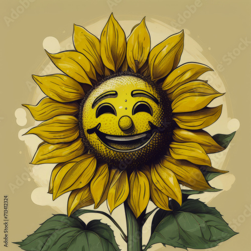A yellow sunflower, that faces the sun, with a smiley face on its center, that conveys a positive and cheerful attitude, and the appreciation of nature’s gifts and cycles.