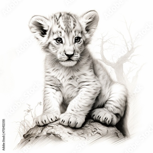 Pencil sketch nice lion cub image Generative AI photo