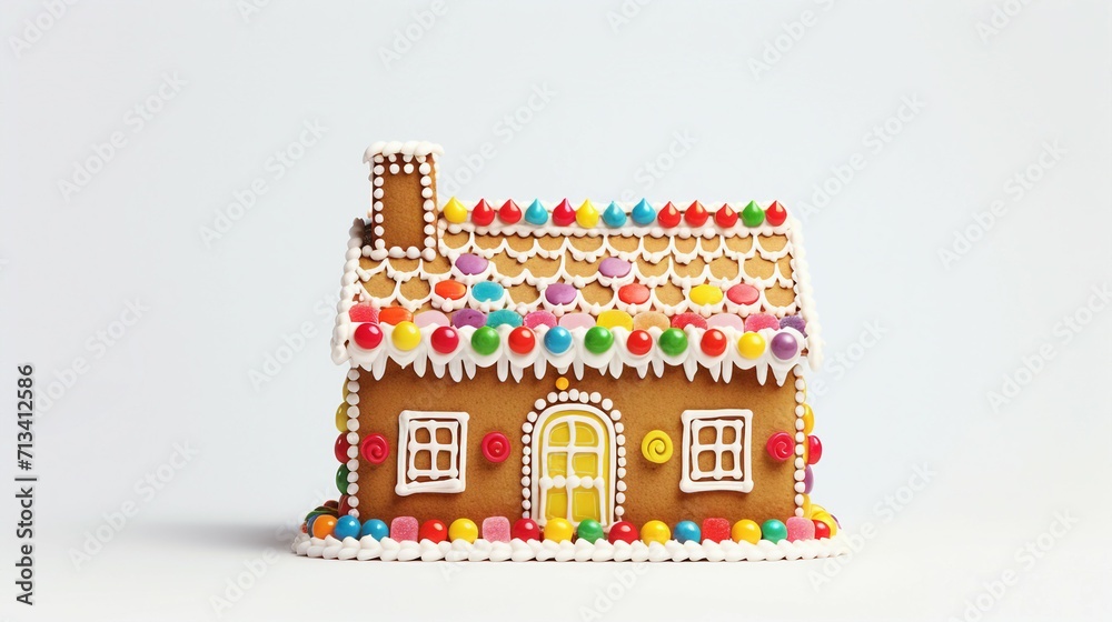 Whimsical Gingerbread House with Colorful Candies for Festive Christmas Celebration on a White Isolated Background - Homemade Holiday Cookie Delight