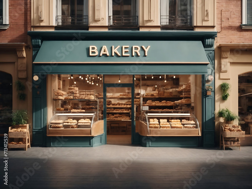 3D bakery shop building facade with baking store, cafe, bread, pastry, and dessert shop front view Market or supermarket design.