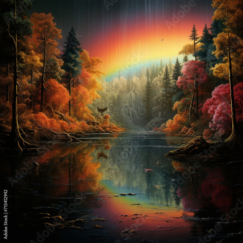 Rainbow lake in a forest