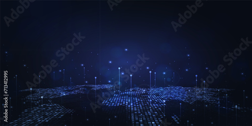 Digital technology futuristic internet network connection dark black background, blue abstract cyber information communication, Ai big data science, innovation future tech, line illustration vector 3d