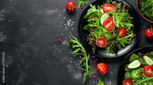 Fresh salad with cucumbers, tomatoes and arugula on a black background.
