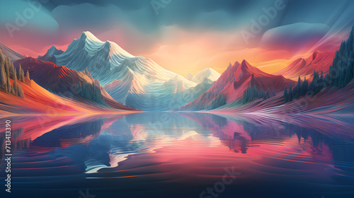 A sunset with mountains and a lake,, Landscape Art -