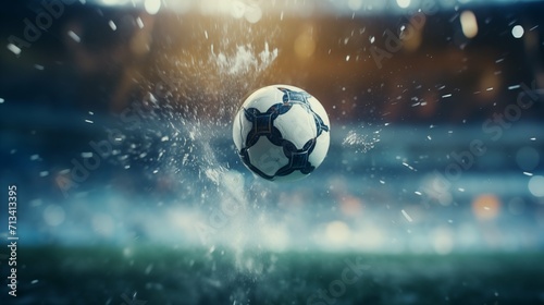 A wet soccer ball in the stadium bouncing off the lawn in the rain