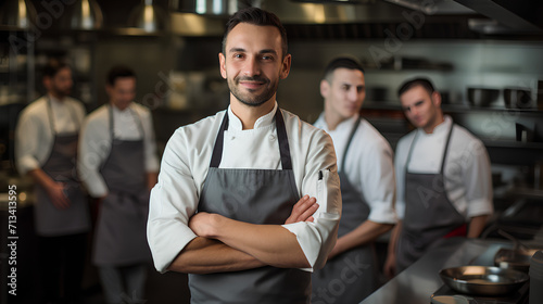 Portrait of Chef Standing with Team in Commercial Kitchen at Restaurant