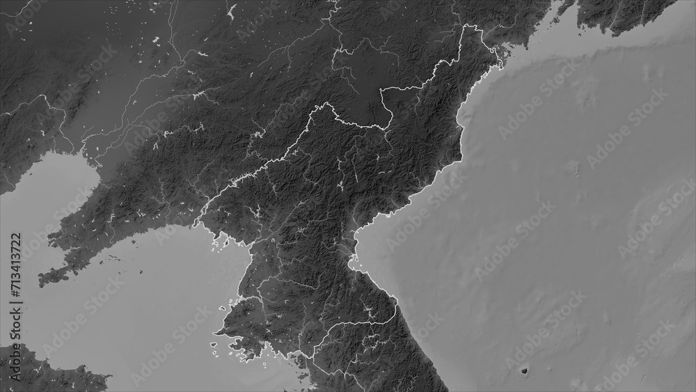North Korea outlined. Grayscale elevation map