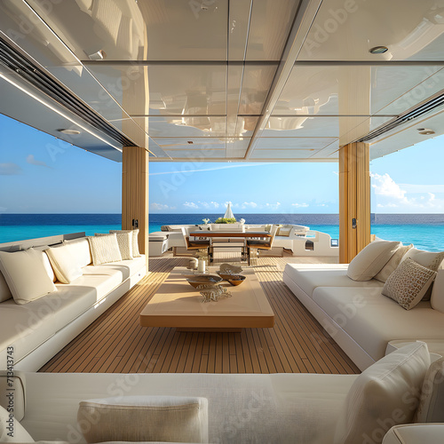 modern Living room on a luxury yacht, wood materials, white beige colors, view of turquoise ocean, tropical location, outdoor indoor. 3d render. © Daniela
