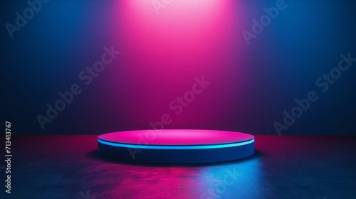 3d empty product display podium for presentations. A circular exhibition stage bathed in a vibrant neon glow  creating a captivating ambiance with pink and blue lighting. 