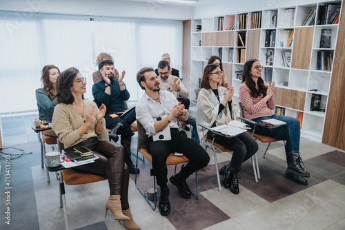 A group of attentive colleagues clapping after a presentation at a corporate training session. They are seated in a stylish office environment, exhibiting enthusiasm and team spirit.