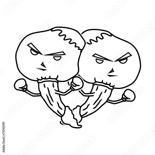 line art illustration of two superheroes in the shape of a mushroom for an icon or logo