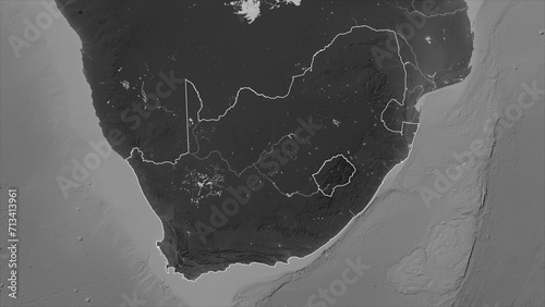 South Africa outlined. Grayscale elevation map