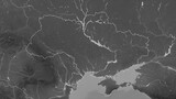 Ukraine between 2014 and 2022 outlined. Grayscale elevation map