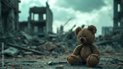 kids teddy bear toy over city burned destruction of an aftermath war conflict, earthquake or fire and smoke of world war against children peace innocence