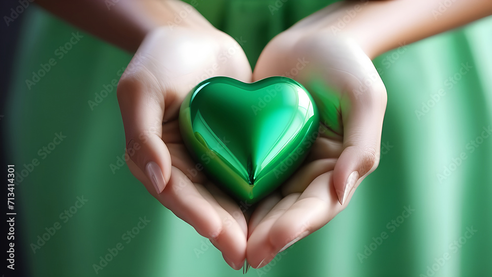 Green glossy heart in hands. Green glossy heart in hands.