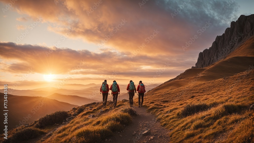  A Group of hikers walks in mountains at sunset,