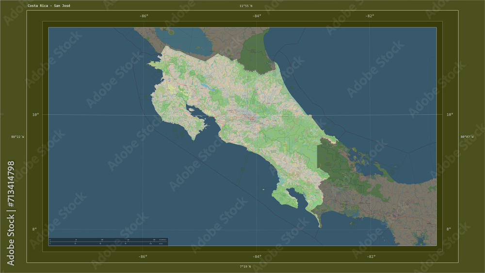 Costa Rica composition. OSM Topographic standard style map